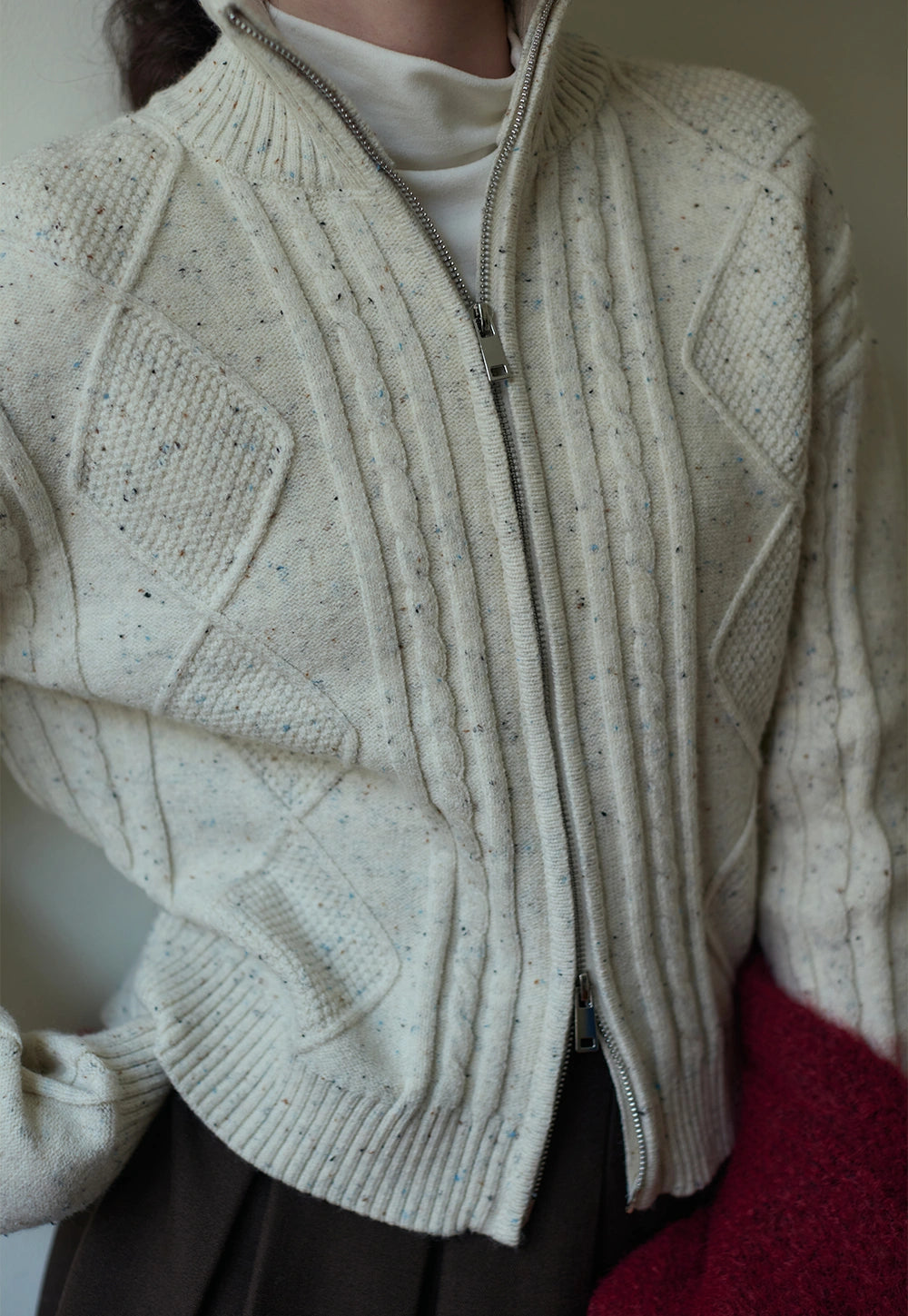 Cable-Knit High-Neck Zip-Up Cardigan