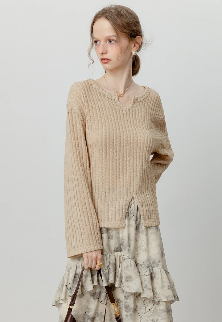 Women's Beige Knitted Top with Center Slit