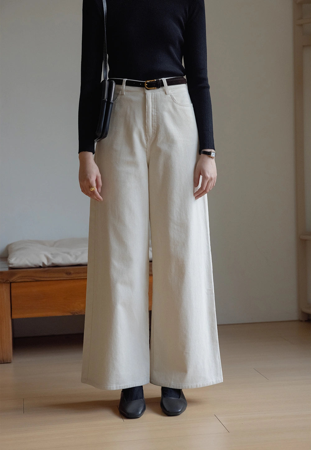 Wide-Leg Corduroy Pants with Belt