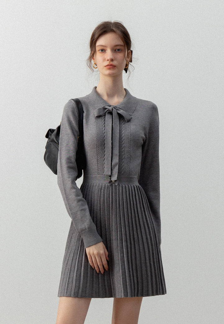 Women's Long-Sleeve Knit Dress with Bow Tie and Pleated Skirt