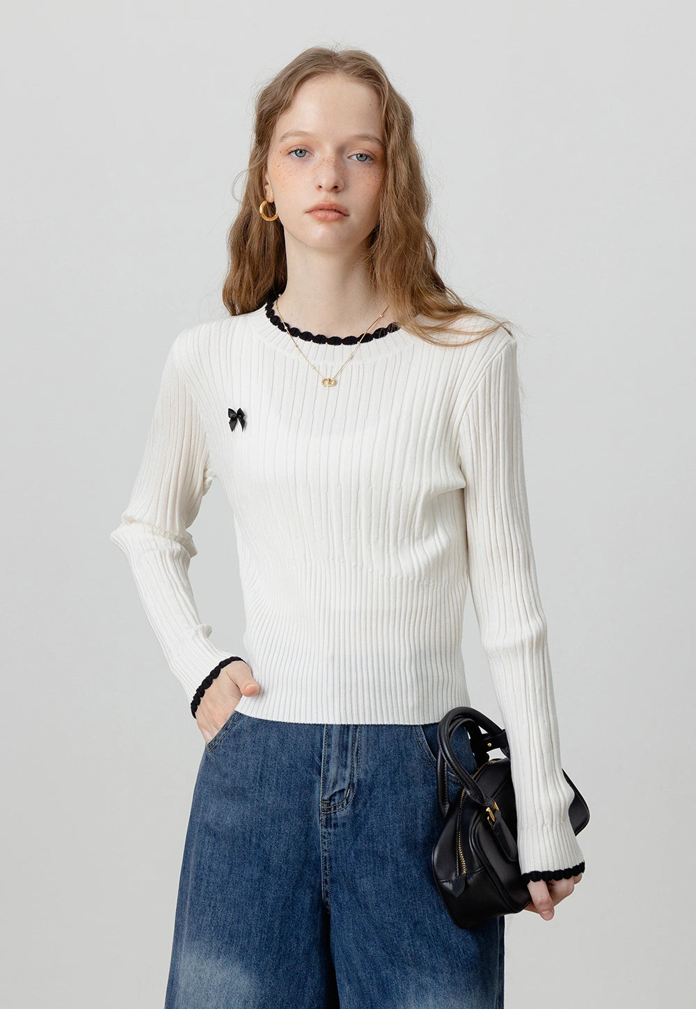 Ribbed Knit Sweater with Bow Accent