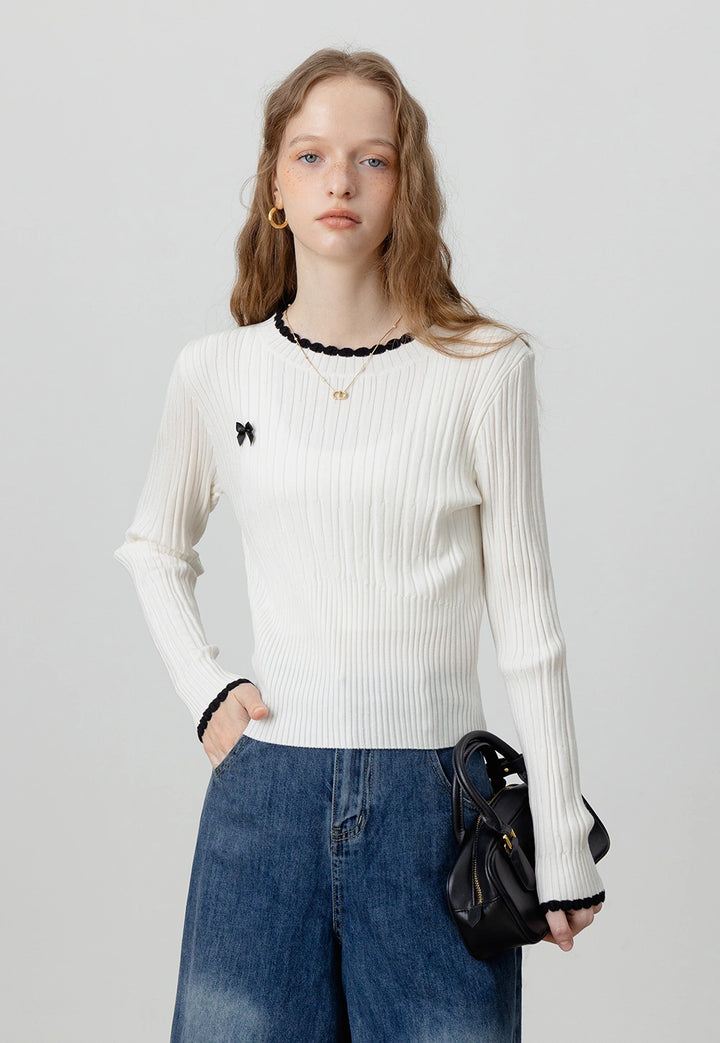 Ribbed Knit Sweater with Bow Accent