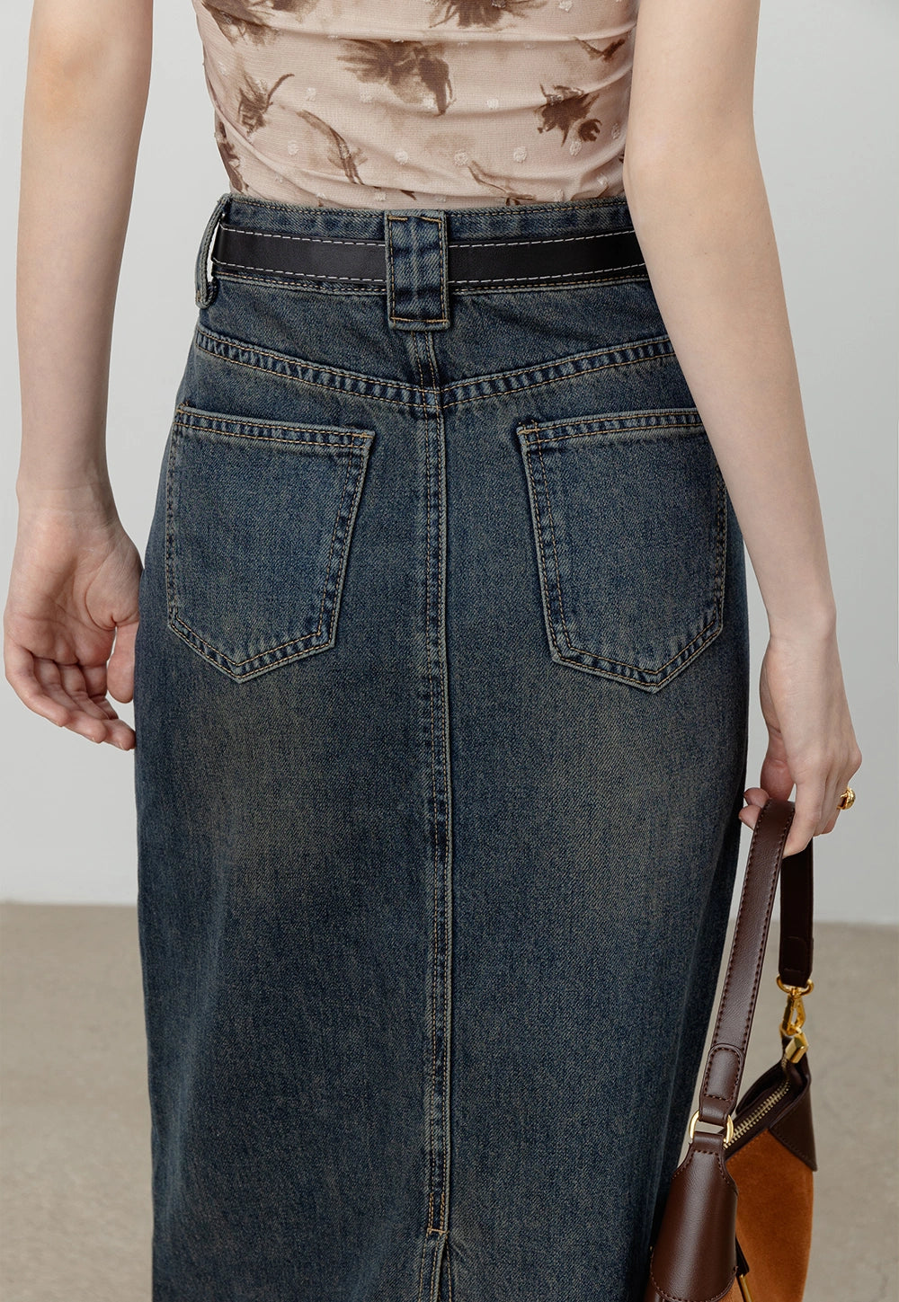 Women's Belted Denim Midi Skirt