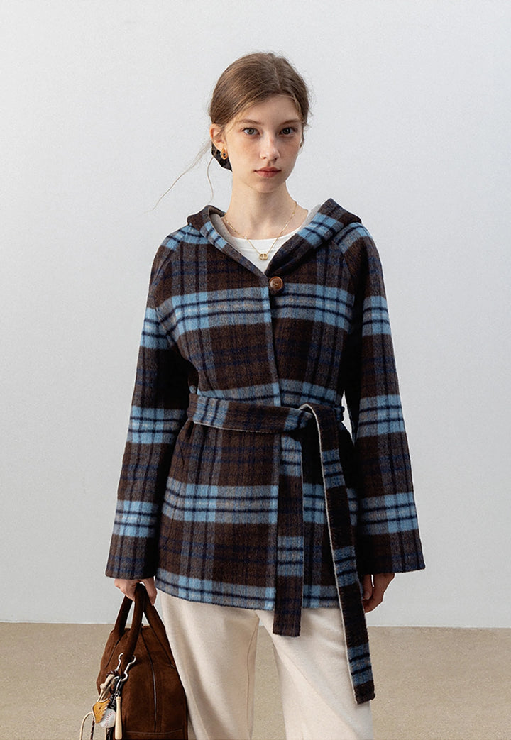 Plaid Hooded Belted Coat