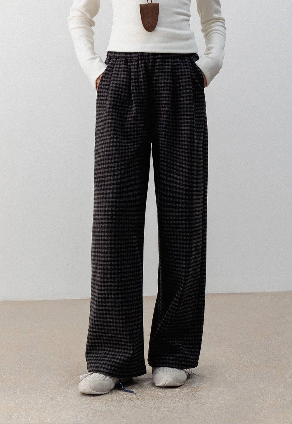 Elastic Waist Plaid Wool Casual Pants