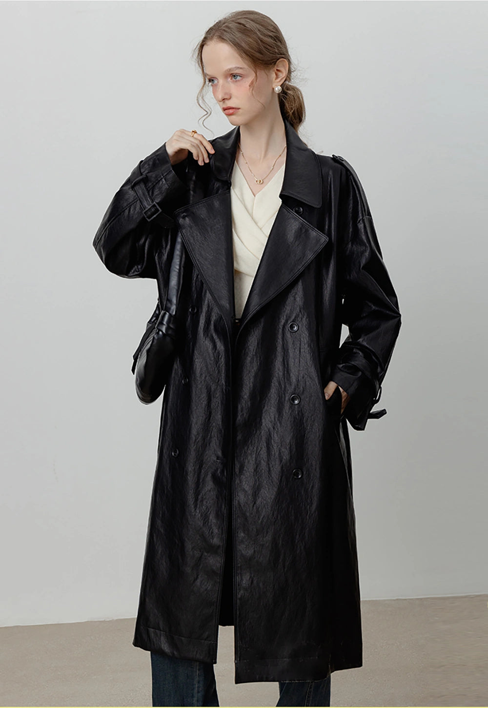 Women's Oversized Double-Breasted Faux Leather Trench Coat