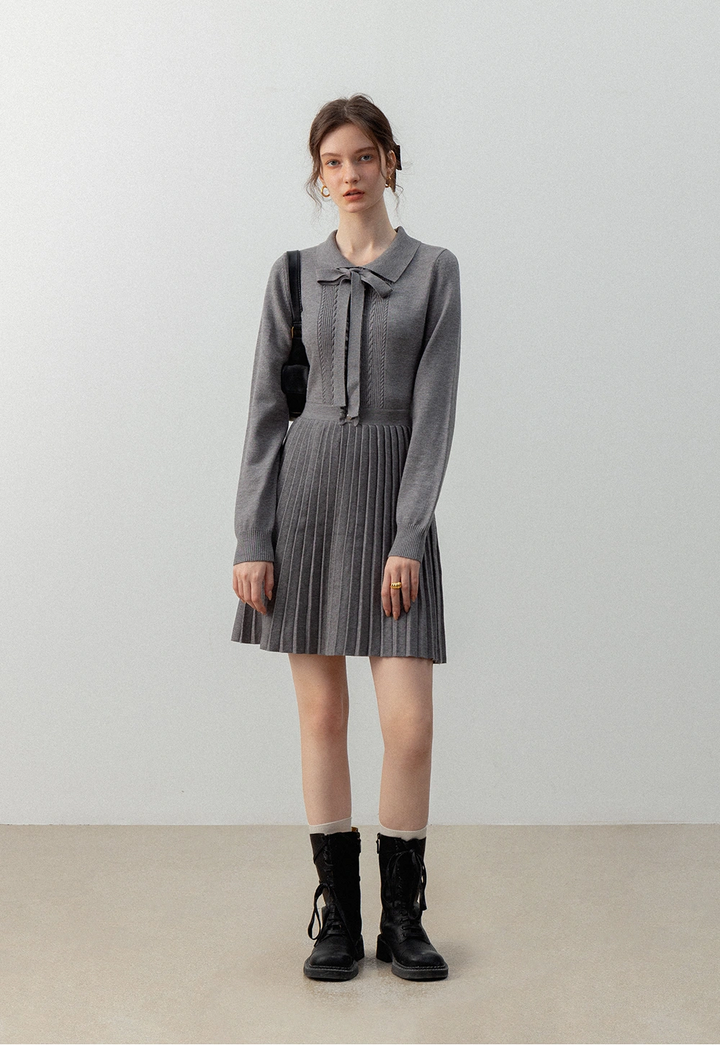 Women's Long-Sleeve Knit Dress with Bow Tie and Pleated Skirt