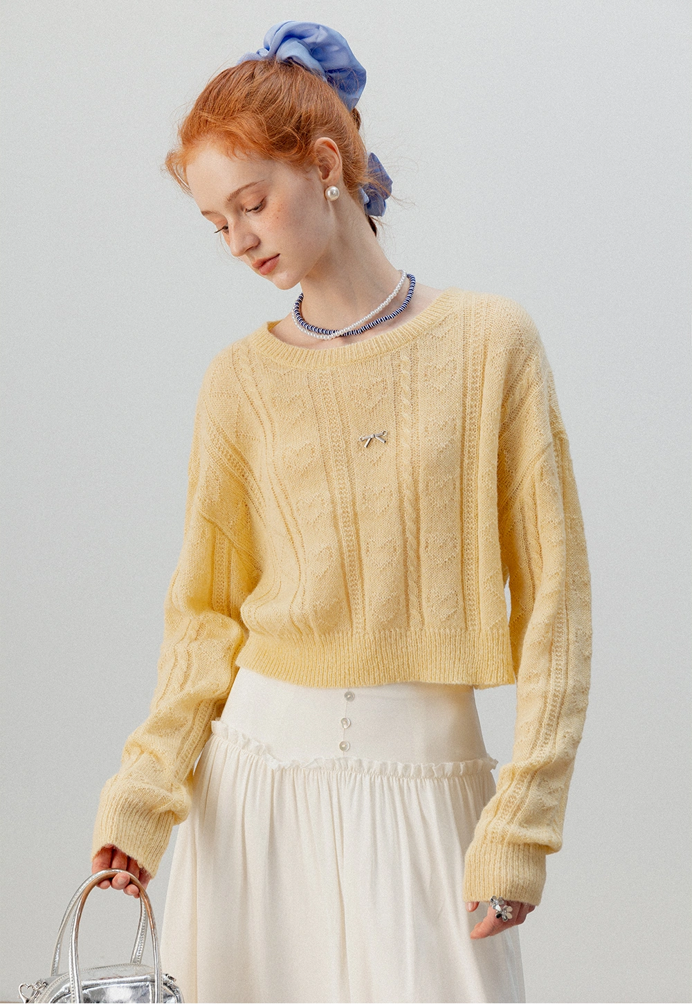 Women's Cropped Cable Knit Sweater with Bow Detail