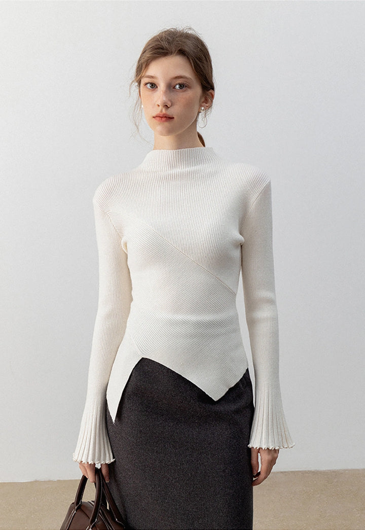 Ribbed High- Neck Sweater with Flared Sleeves