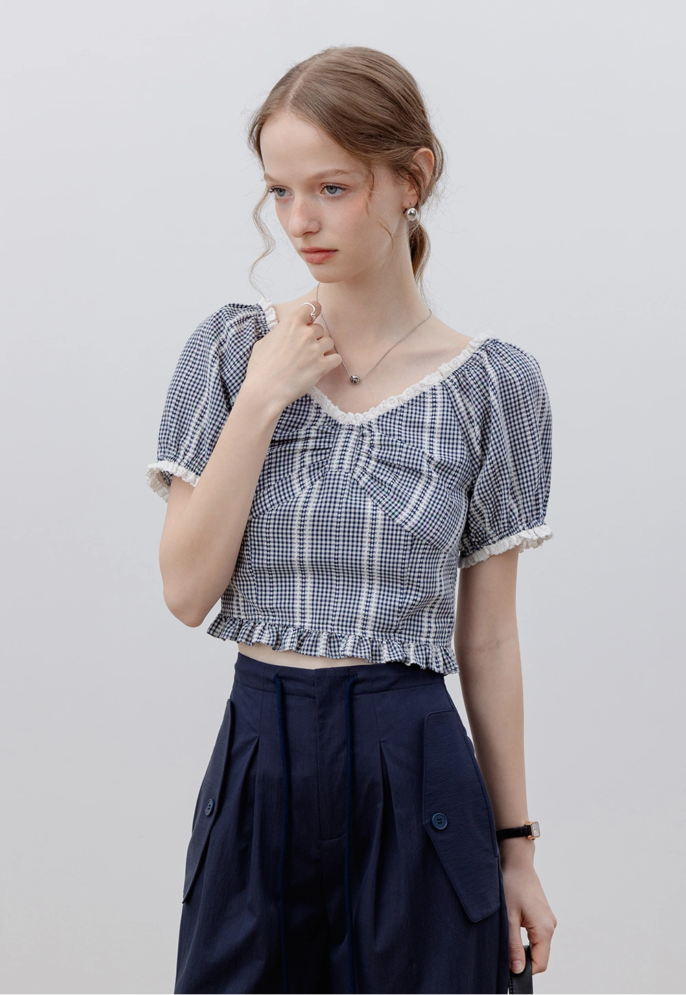 Women's Gingham Puff Sleeve Crop Top