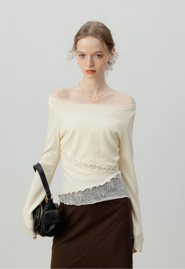 Asymmetrical Lace-Trimmed Long-Sleeve Top