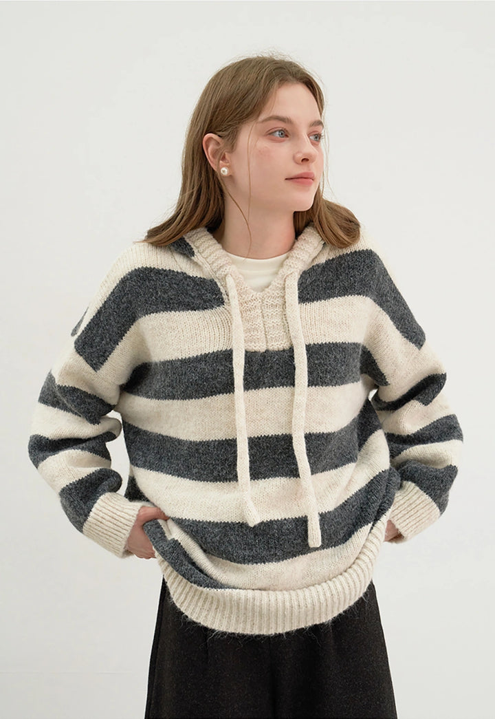 Women's Wide Striped V-Neck Hooded Sweater