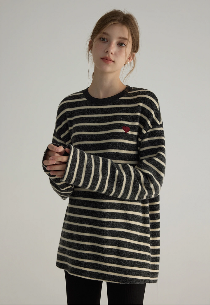 Casual Lazy Striped T-Shirt Loose Round Neck Pullover Brushed Long Sleeves