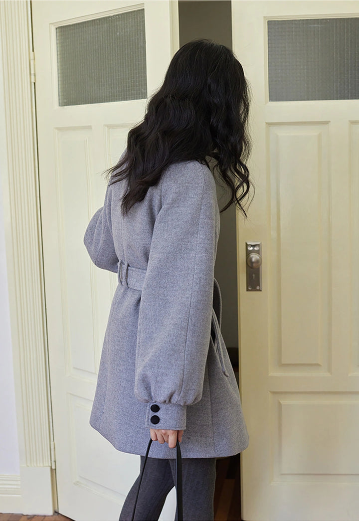 Wool Coat with Contrast Collar and Belted Waist