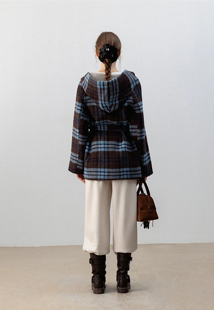 Plaid Hooded Belted Coat