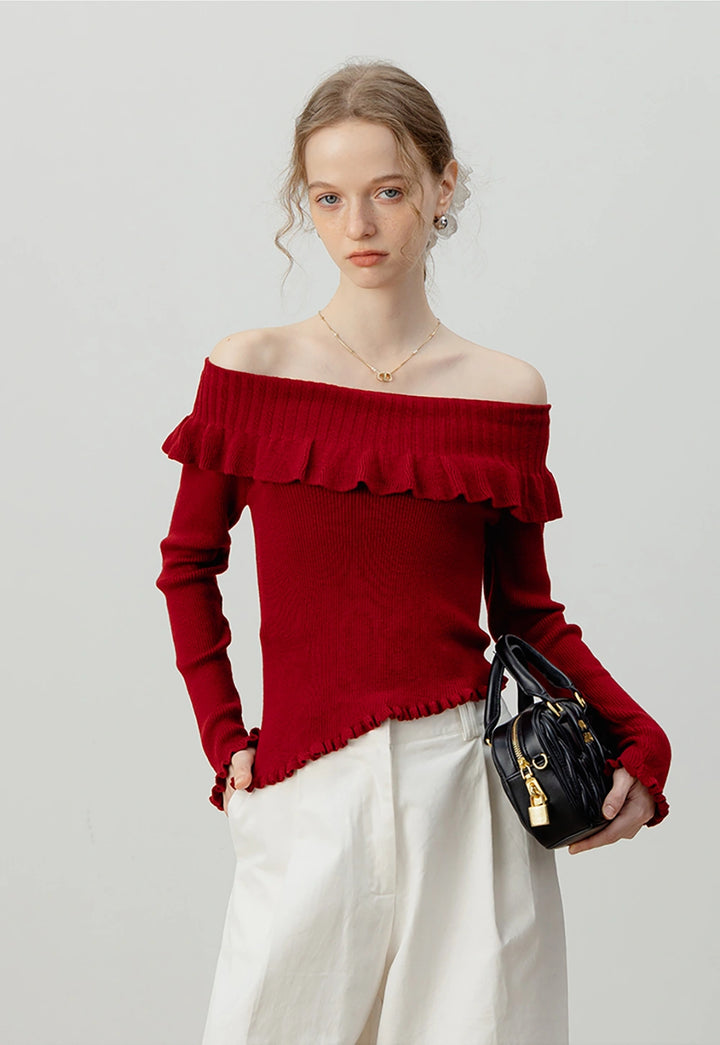 Off-Shoulder Ruffle Long Sleeve Knit Top