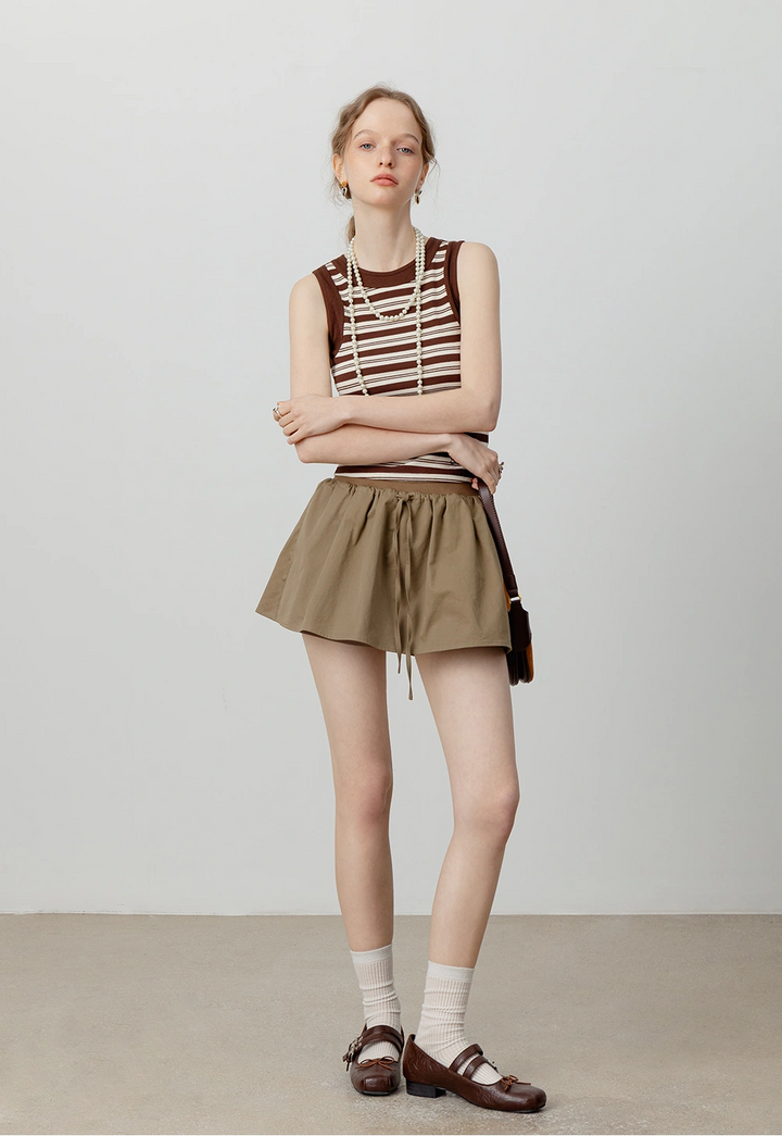 Women's Sleeveless Brown and White Striped Ribbed Top