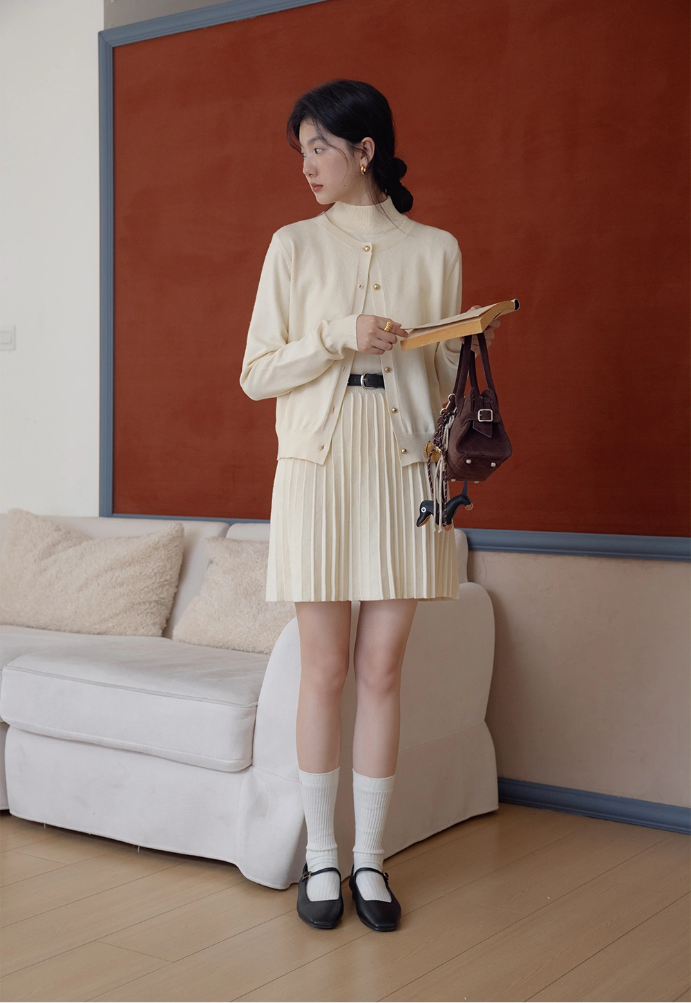 Women's Cream Cardigan and Pleated Dress Set