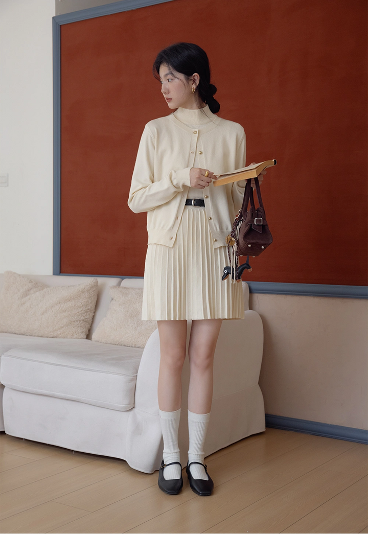 Cream Cardigan and Pleated Skirt Set