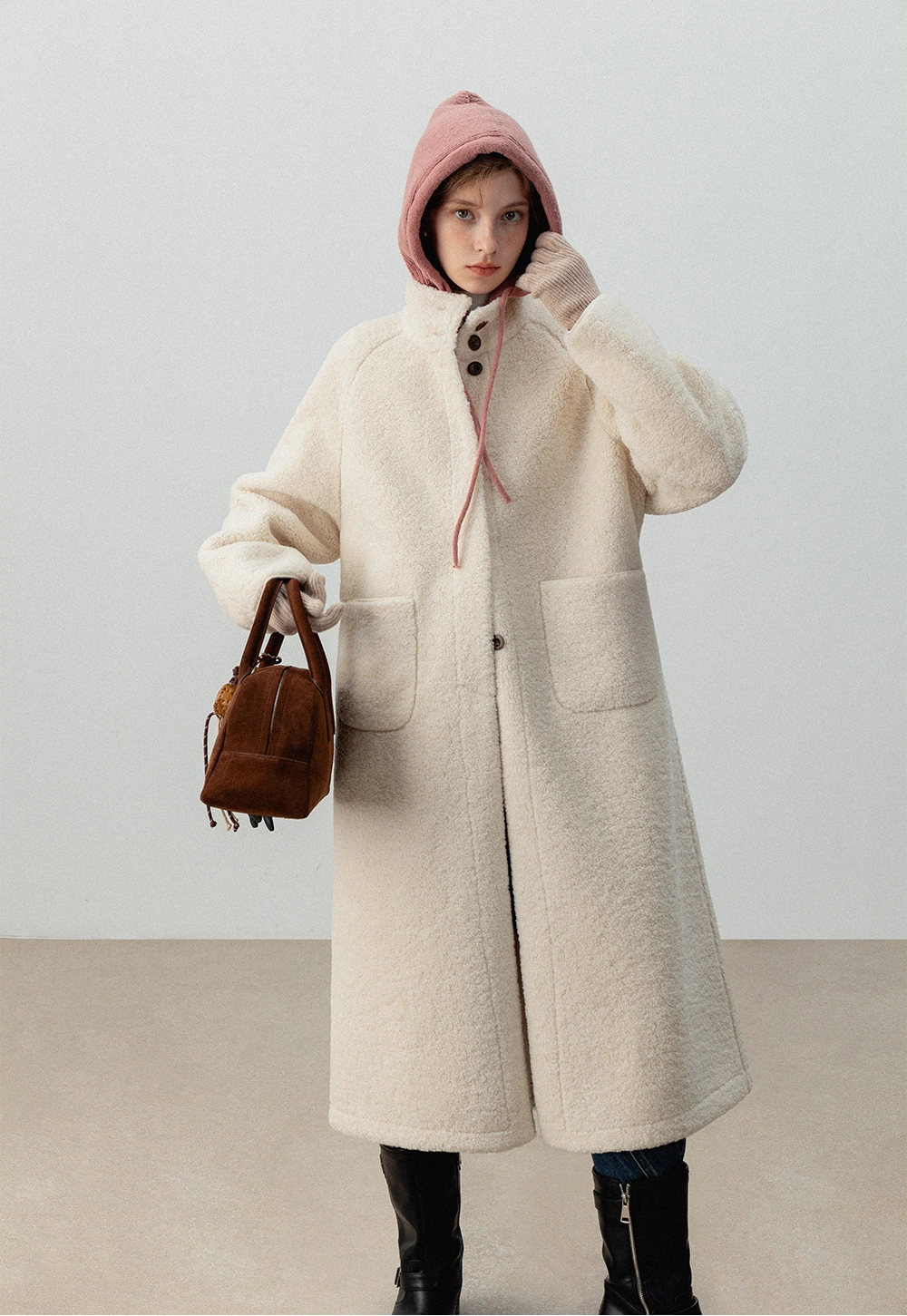 Women's Cream Long Teddy Coat