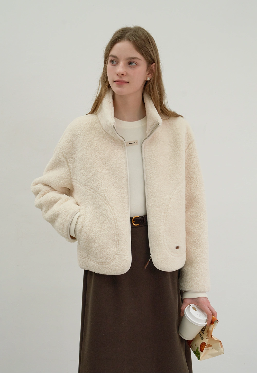 Lambswool Stand Collar Fur Short Coat