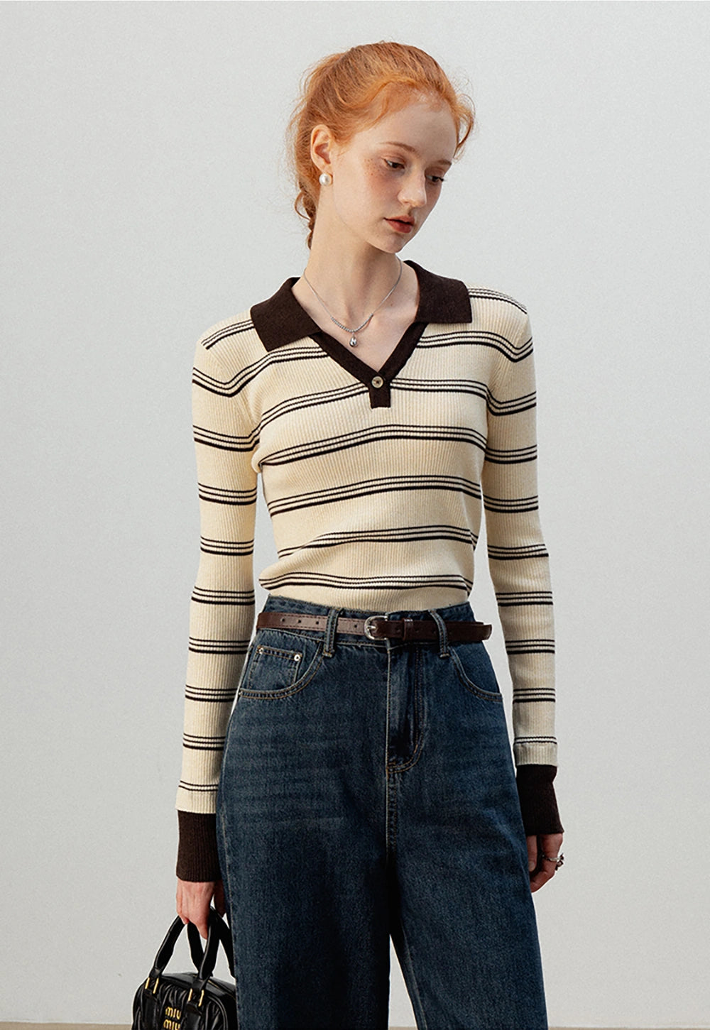 Chic Striped Cropped Polo Long Knitwear