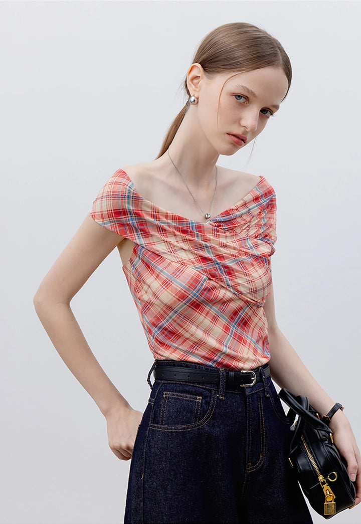 Women's Off-Shoulder Plaid Top