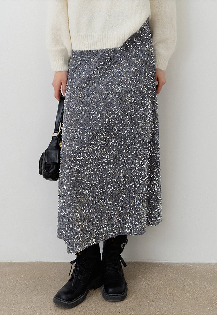 Women's Sparkly Silver Sequin Midi Skirt