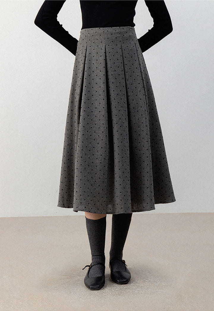 Gray Pleated Polka Dot Midi Skirt