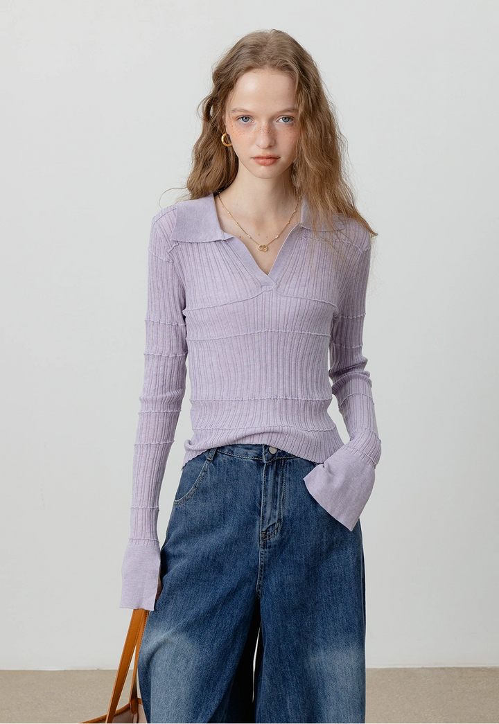 Ribbed Knit Polo Long Sleeve Collar Top