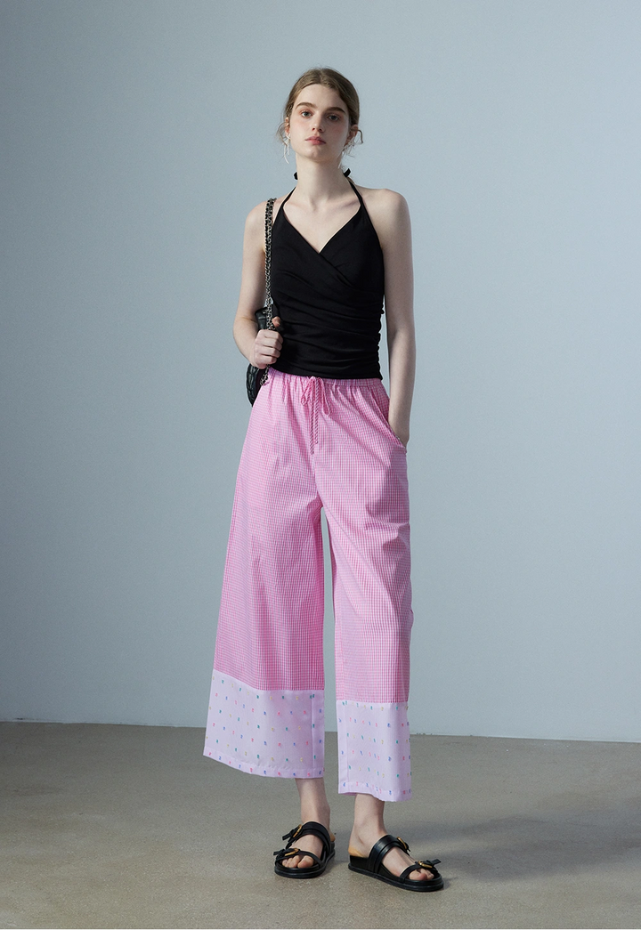 Women's Gingham Pattern Wide-Leg Pants with Contrasting Hem