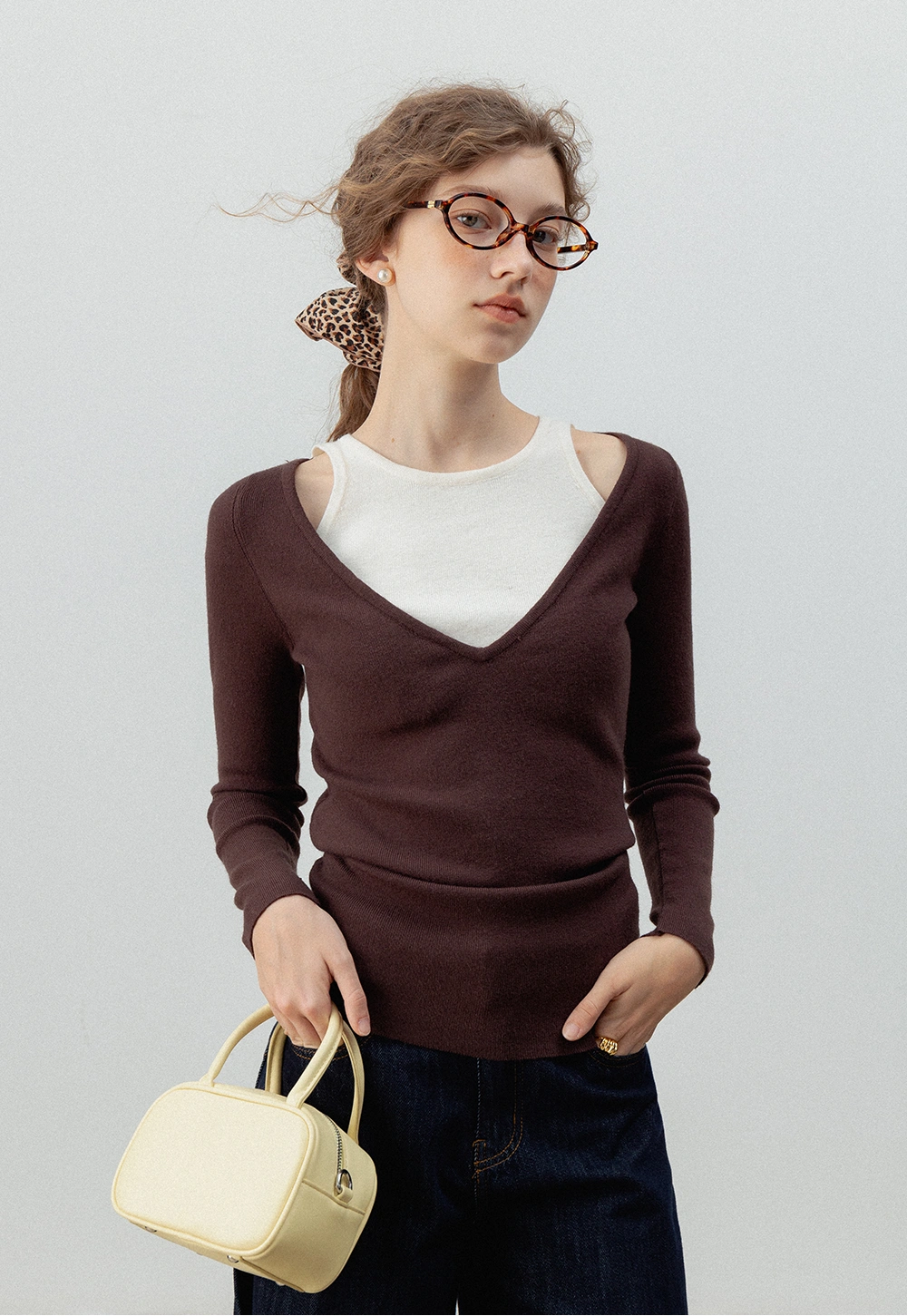 Women's V-Neck Cutout Sweater with Layered Look