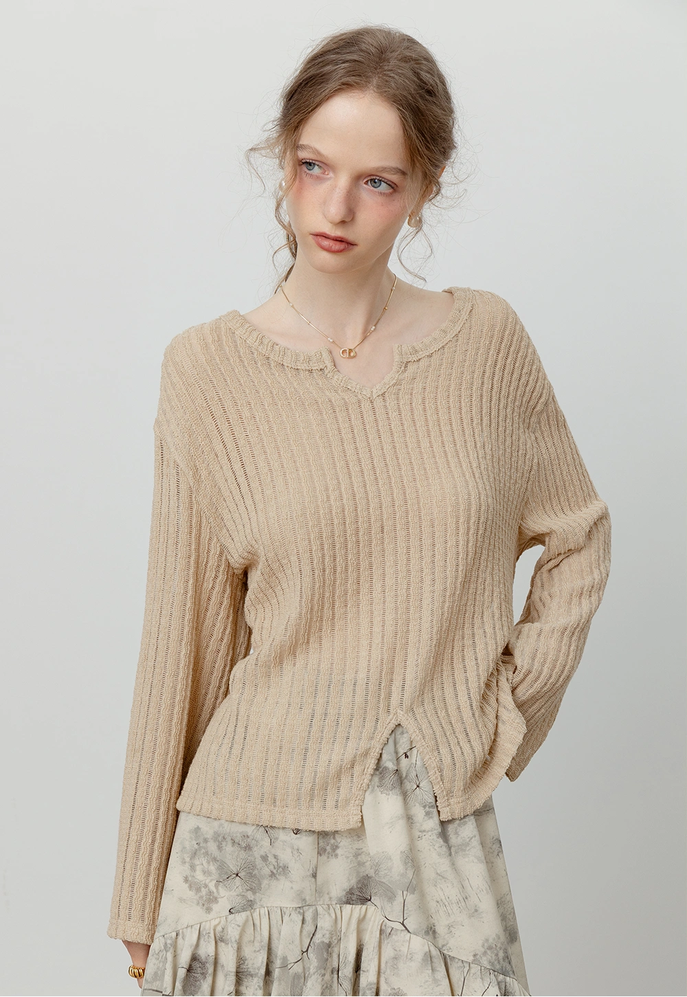 Women's Beige Knitted Top with Center Slit