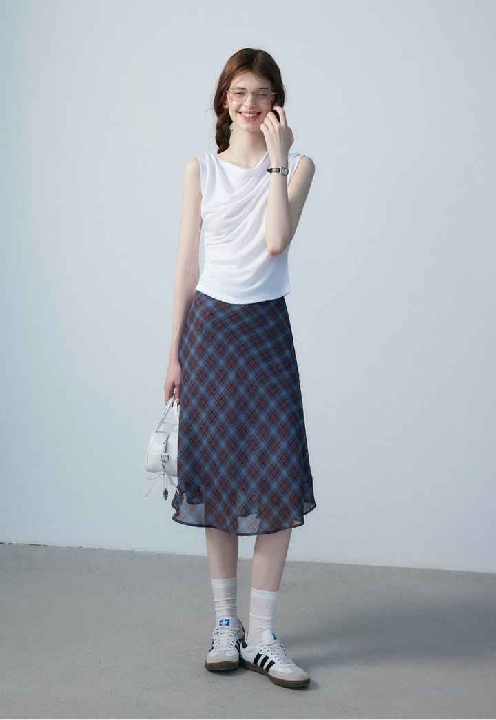 Women's High-Waisted Plaid Midi Skirt