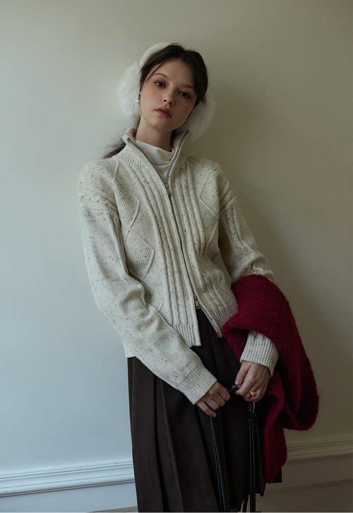 Cable-Knit High-Neck Zip-Up Cardigan