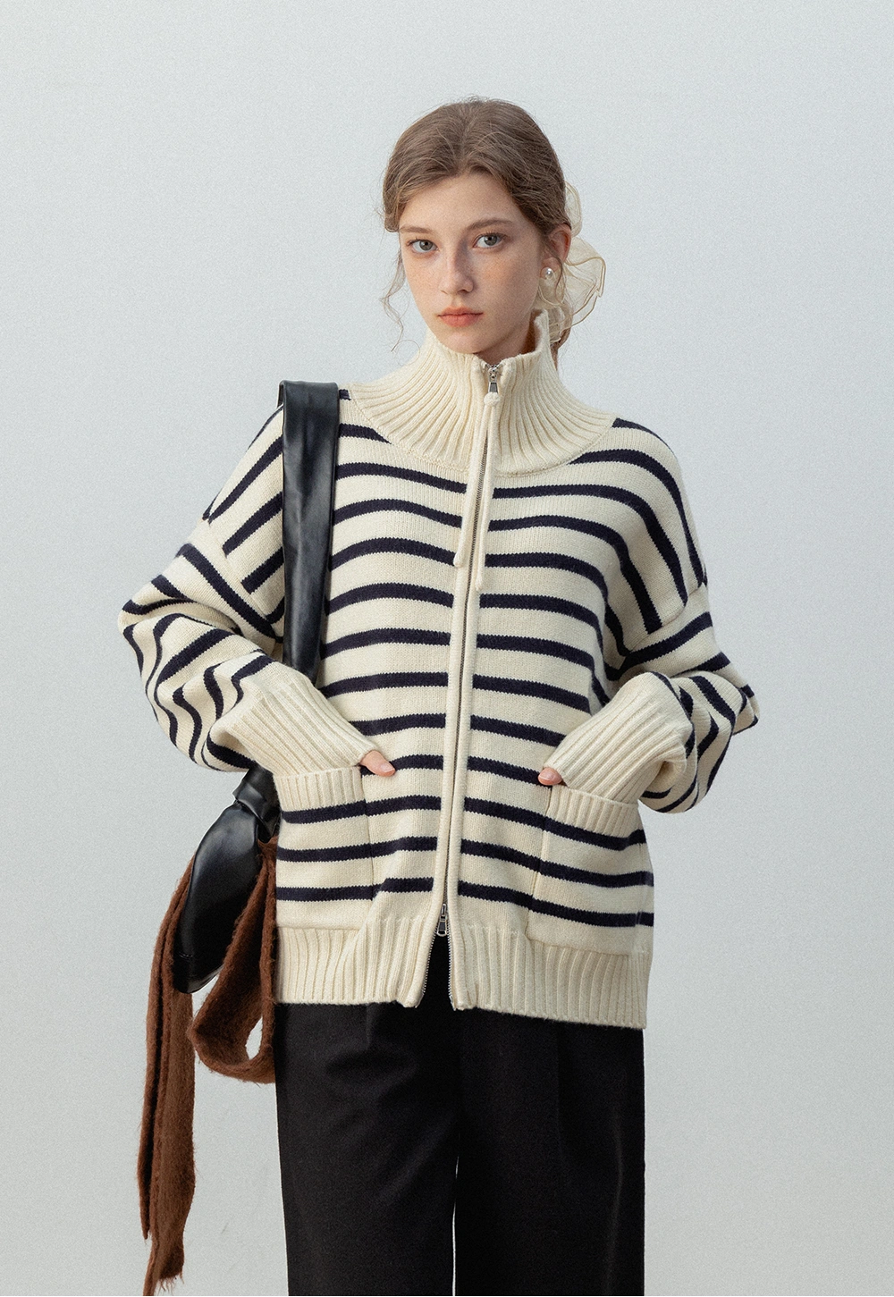 Striped Zip-Up Knit Cardigan