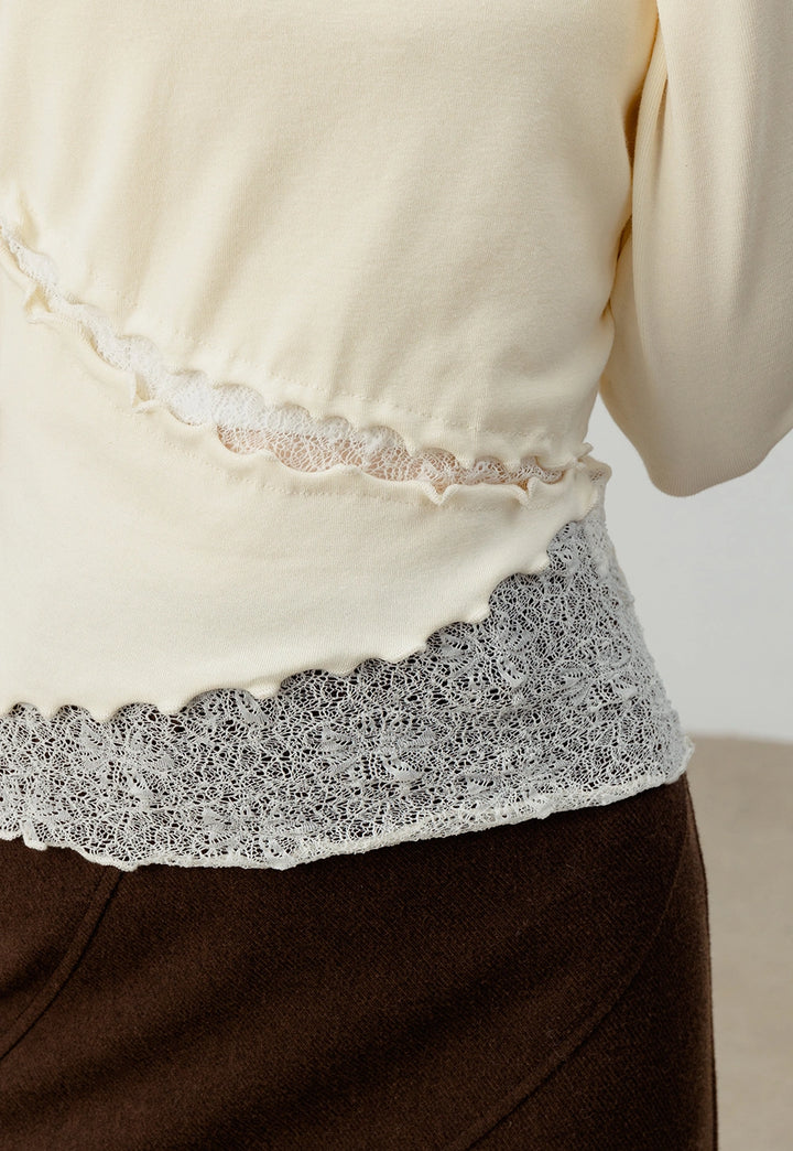 Asymmetrical Lace-Trimmed Long-Sleeve Top