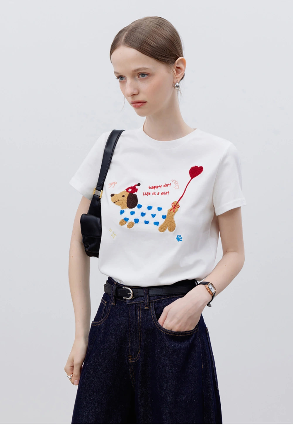 Women's Graphic Tee with Dog and Heart Balloon Design