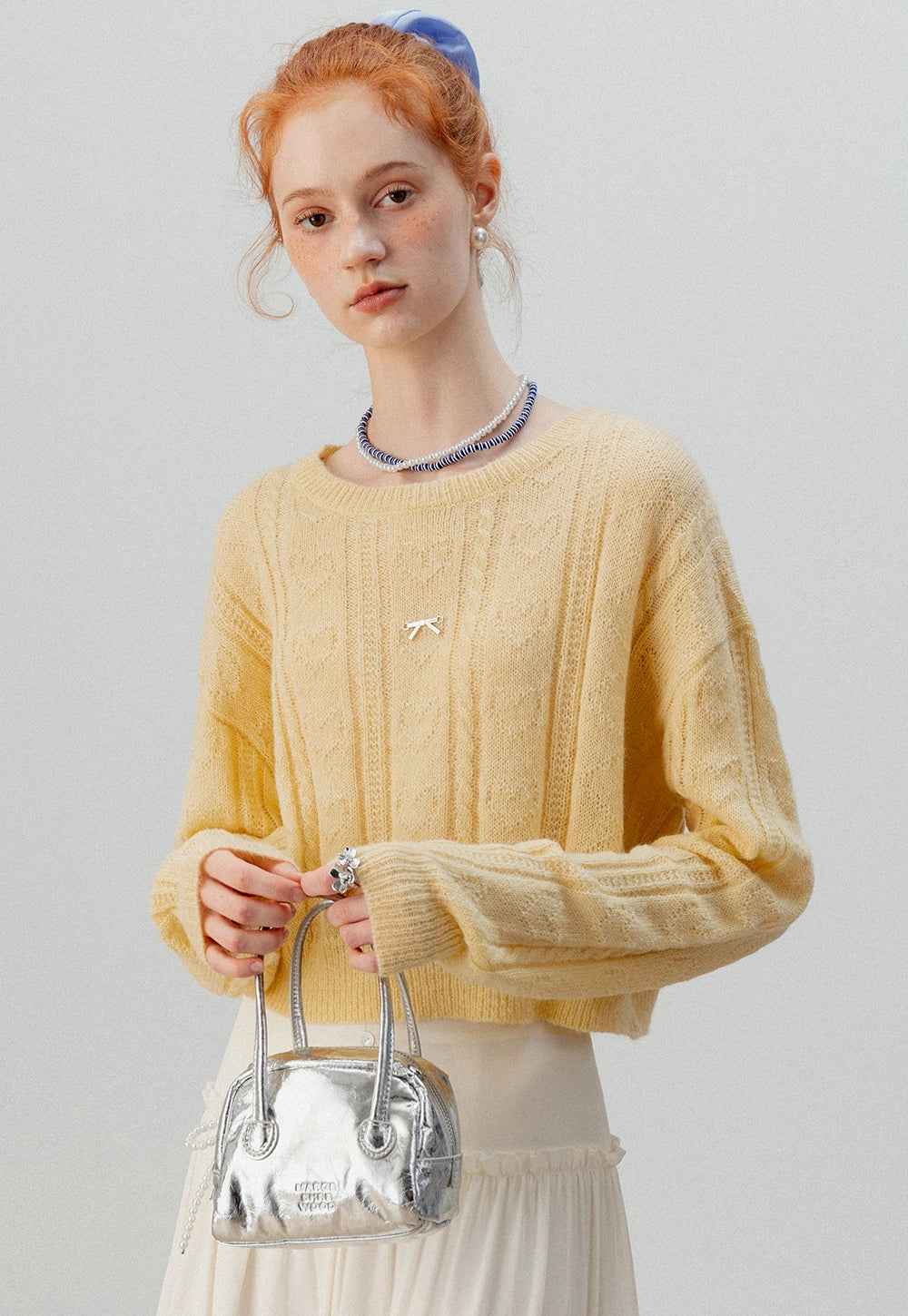 Women's Cropped Cable Knit Sweater with Bow Detail