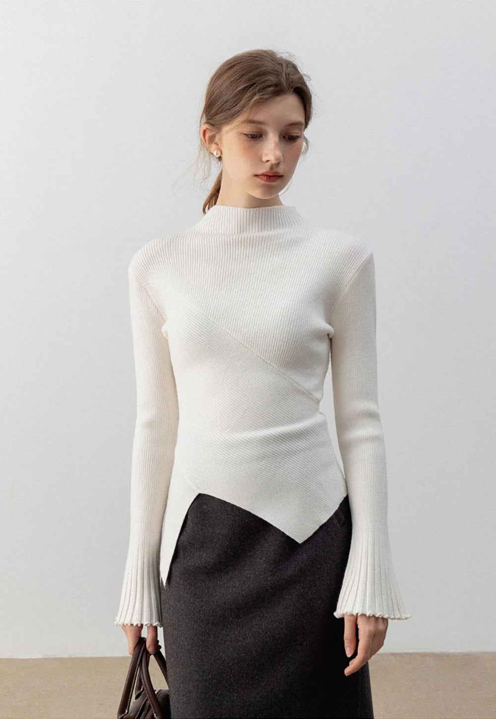 Ribbed High- Neck Sweater with Flared Sleeves