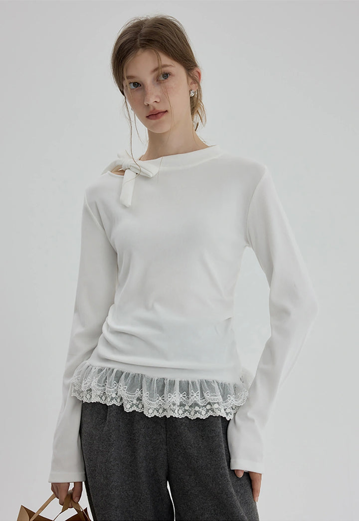 Lace Hem Bow-Tie Long Sleeve Top