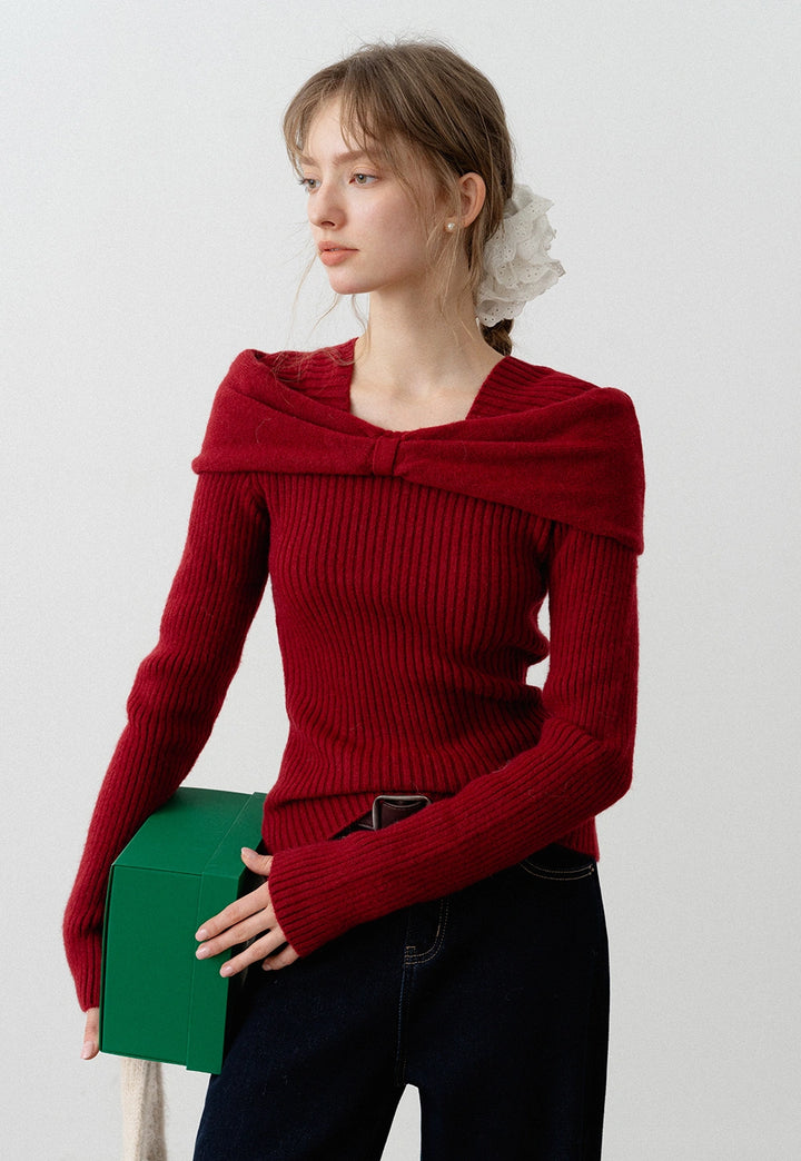 Women's Bow Tie Square Neck Slim Fit Sweater