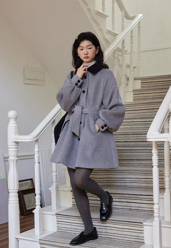 Wool Coat with Contrast Collar and Belted Waist