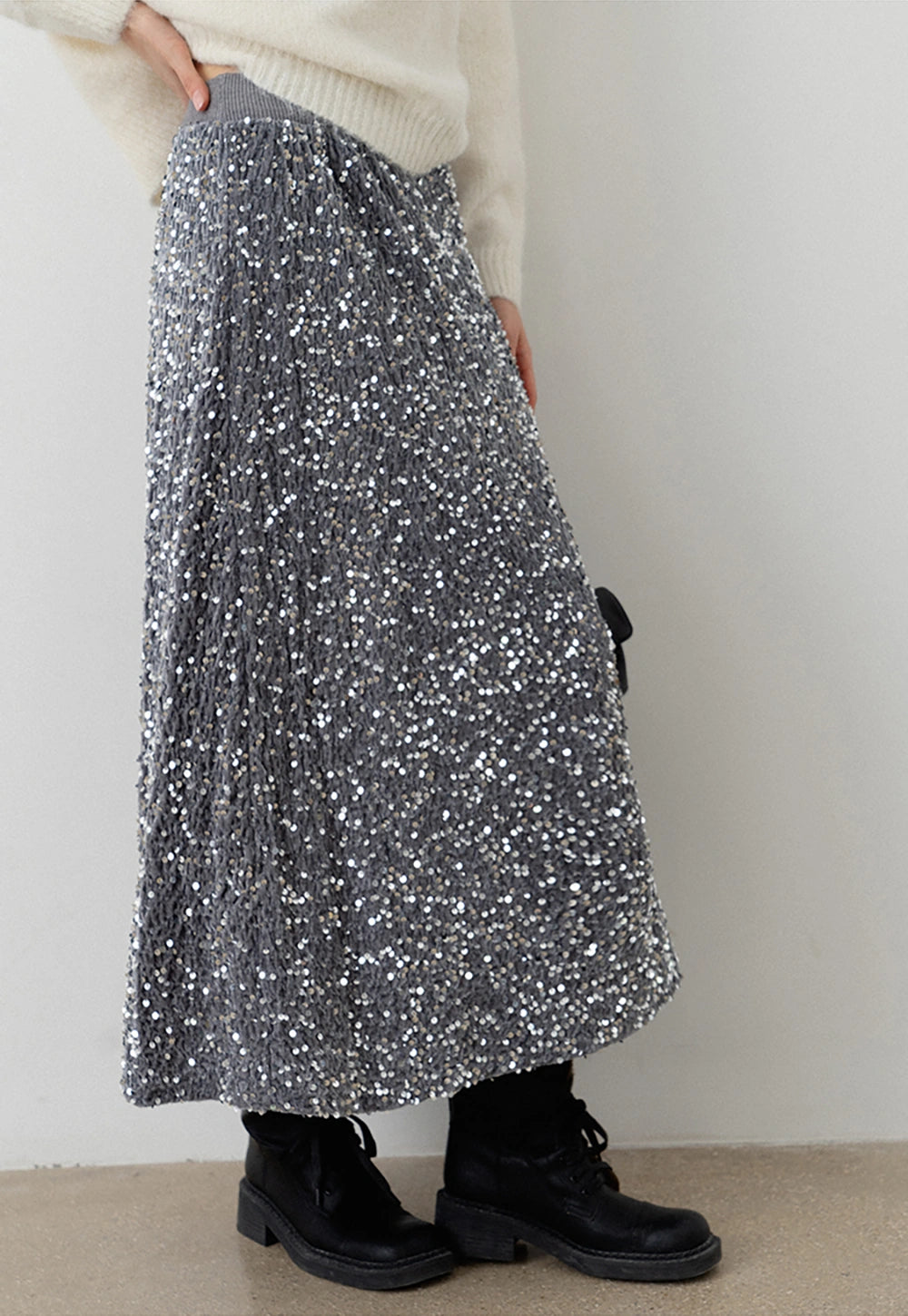 Women's Sparkly Silver Sequin Midi Skirt