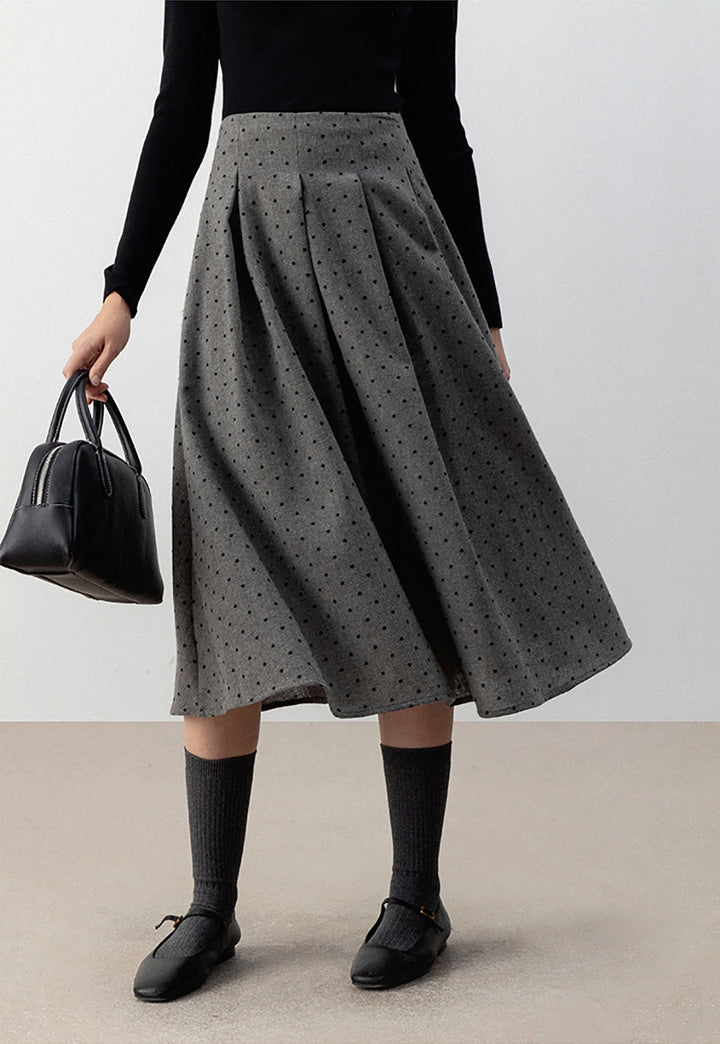 Gray Pleated Polka Dot Midi Skirt