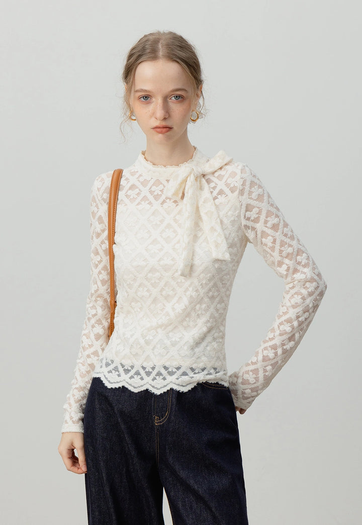 Lace Bow-Tie Long-Sleeve Top