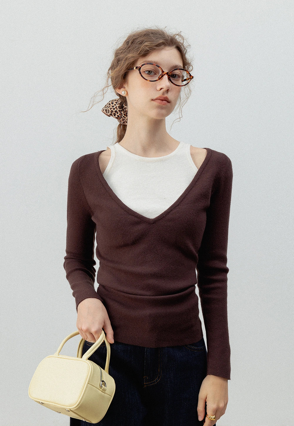 Women's V-Neck Cutout Sweater with Layered Look