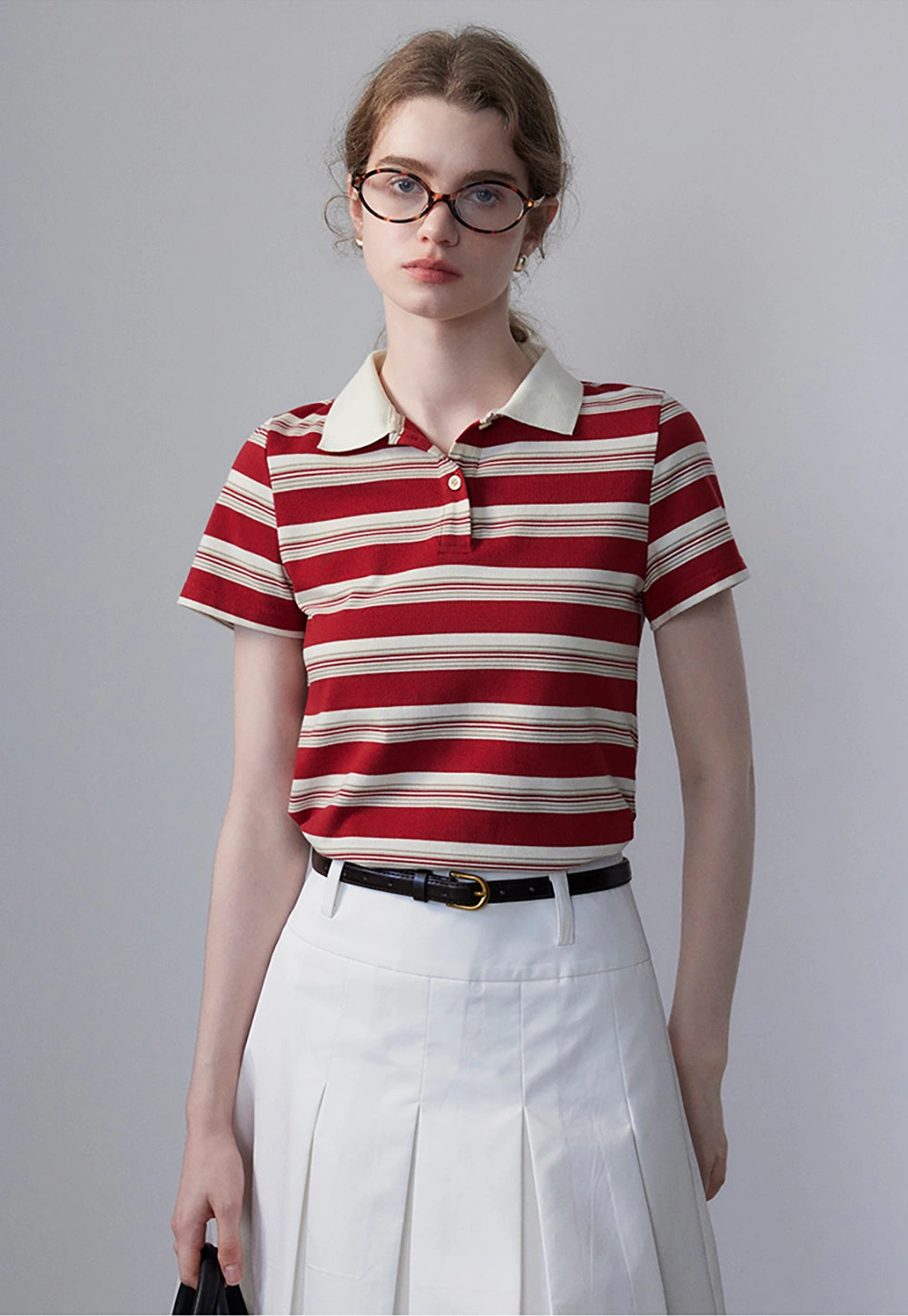 Women's Striped Polo Shirt with Contrast Collar