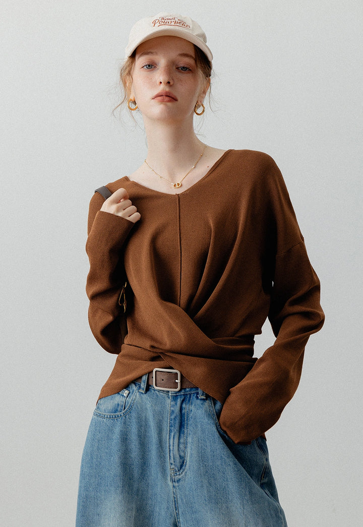 Asymmetric Twist Front Knit Sweater