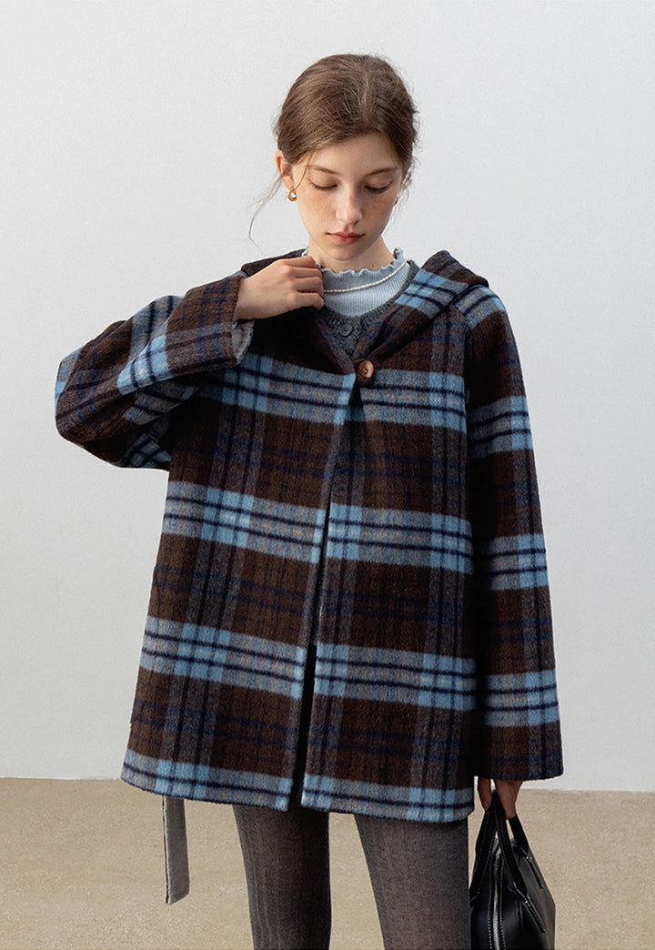 Plaid Hooded Belted Coat